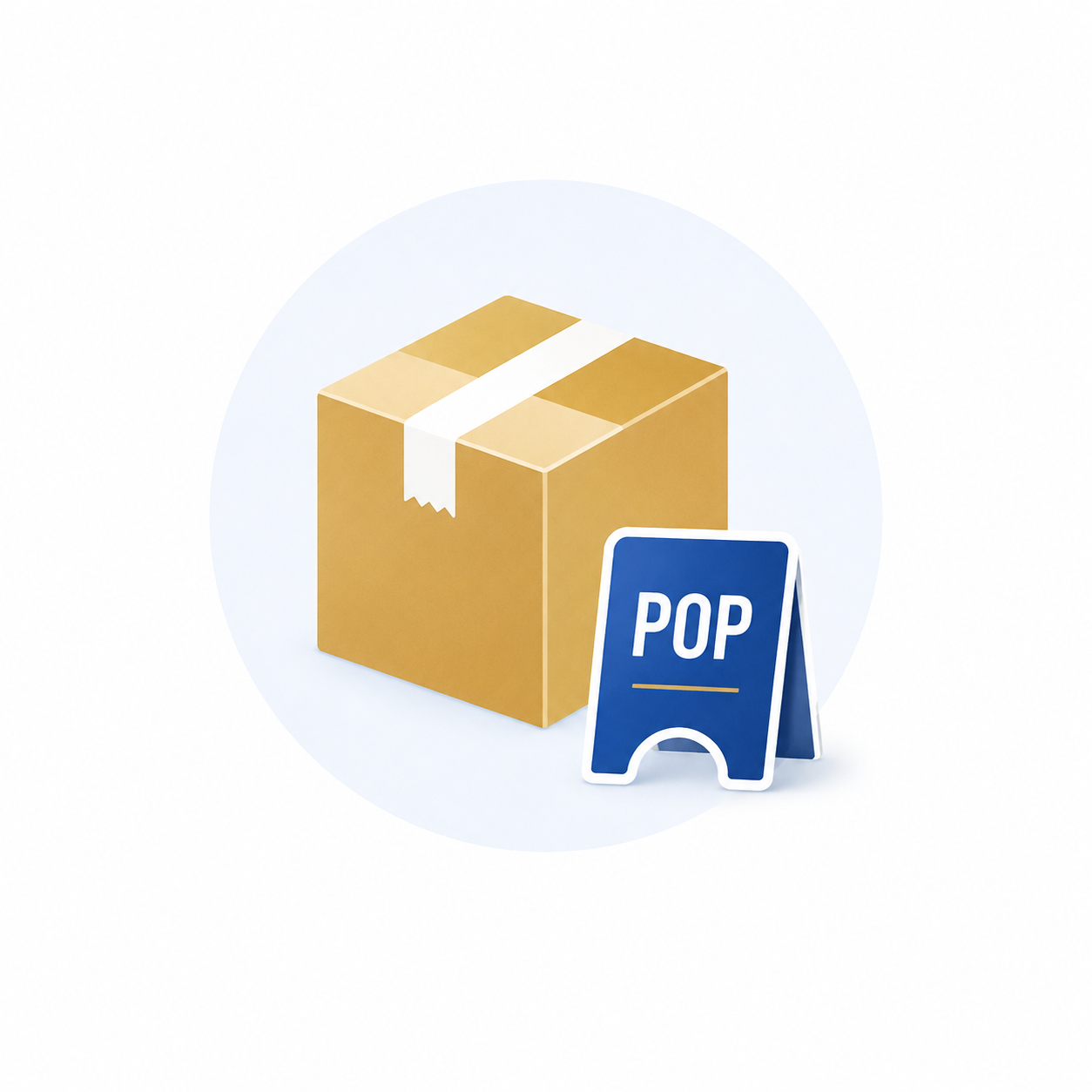 パッケージ・販促ツール制作を表すアイコン。商品パッケージとPOP販促物を表現