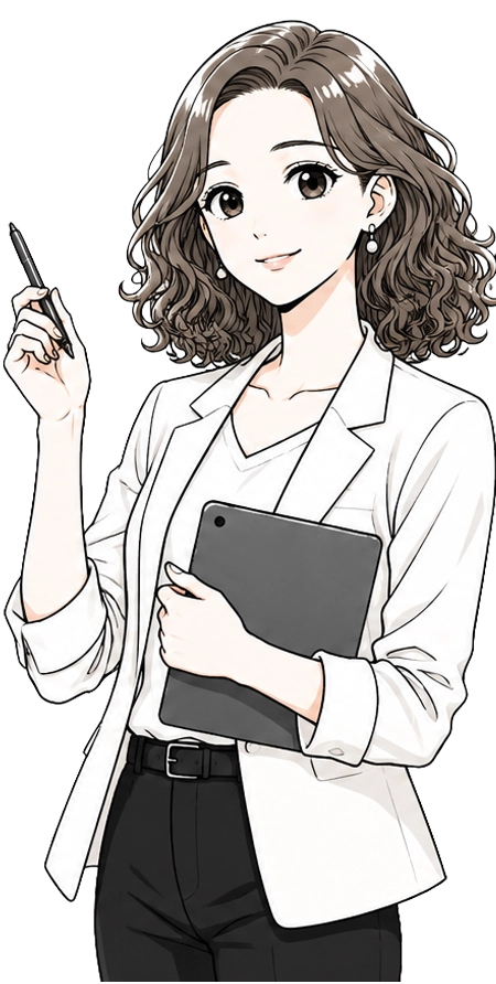 ホームページ・展示会・営業資料などのデザイン制作を案内する女性イラスト