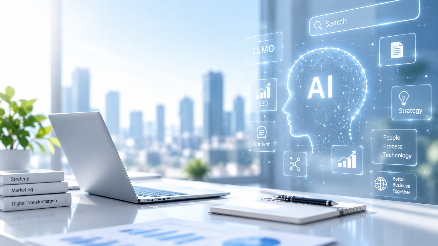 AI検索、LLMO、SEO、コンテンツ戦略を表現したAI検索のイメージ