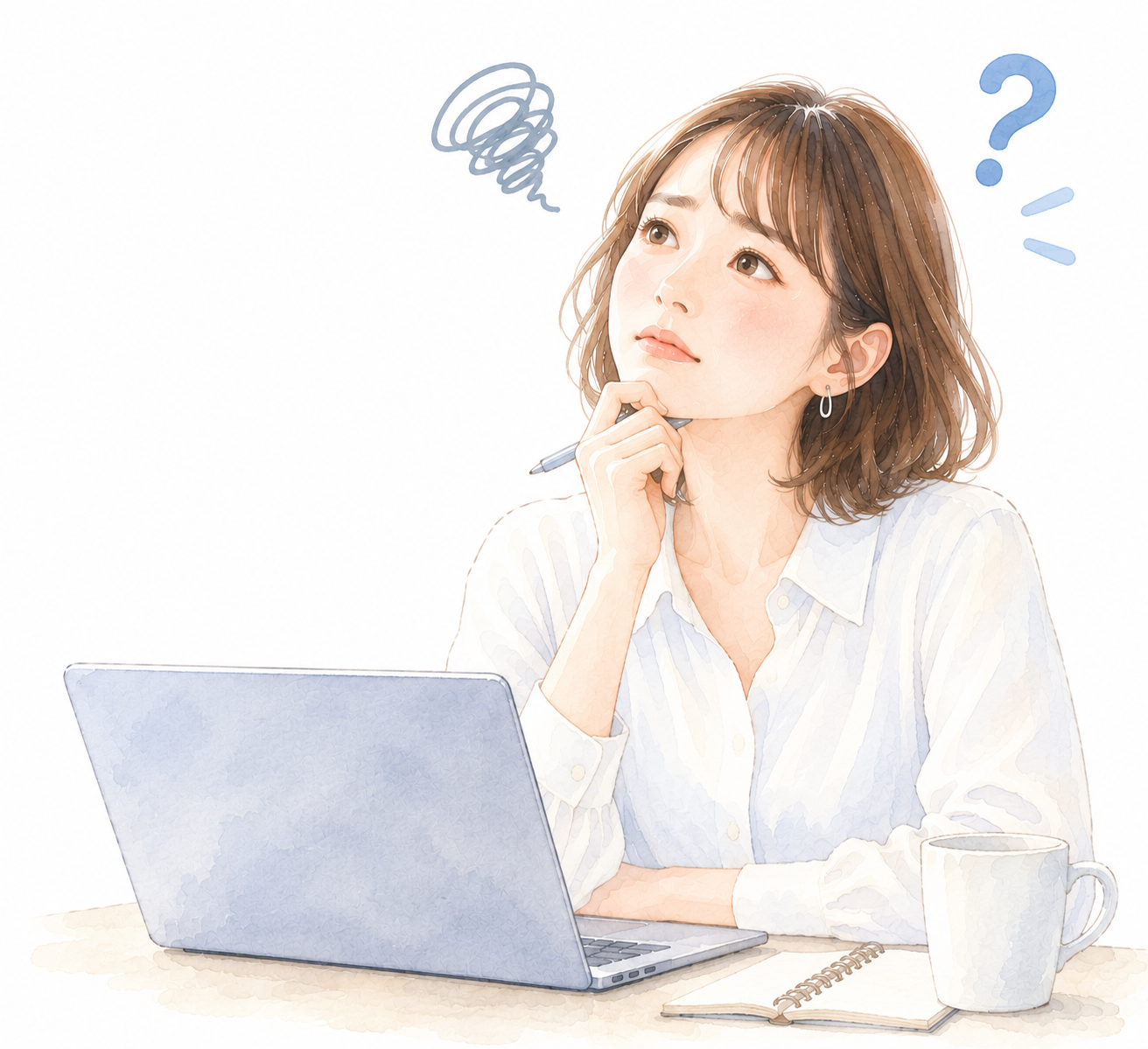 ホームページやAI検索について何から始めればよいか考える女性のイラスト