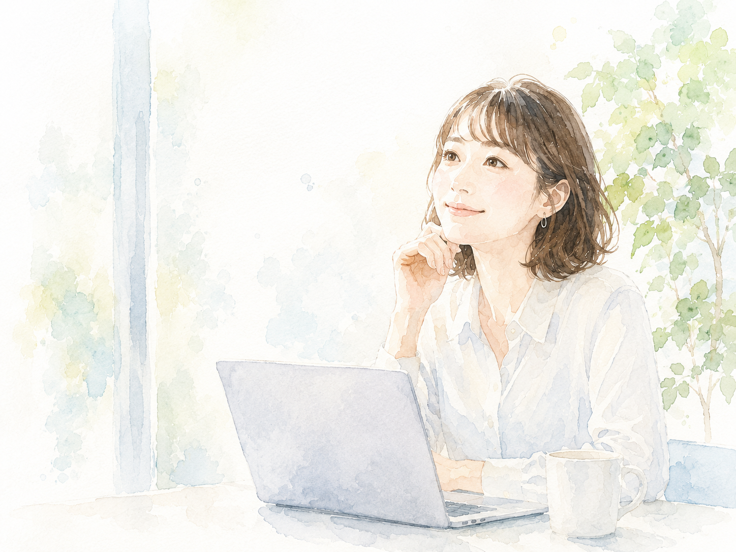 ホームページやGoogle・AI検索について考える女性の水彩イラスト